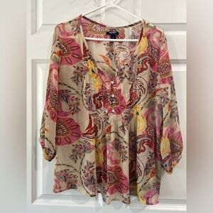 Women's Sheer Floral Boho Blouse Hippie Balloon Sleeve V-Neck Pleated Size L